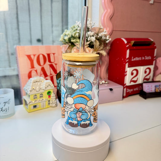 Blue Christmas Gnome Glass Cup