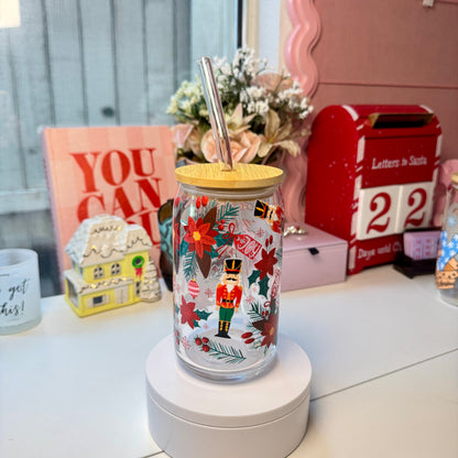 Poinsettia Nutcracker Joy Glass Cup