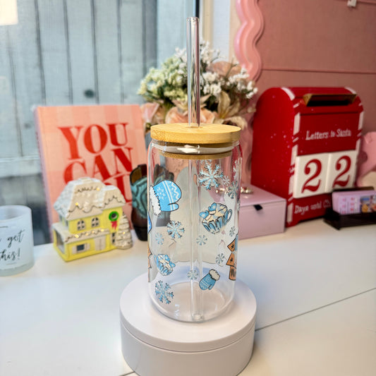 Blue Christmas Gnome Glass Cup