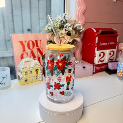 Poinsettia Nutcracker Joy Glass Cup