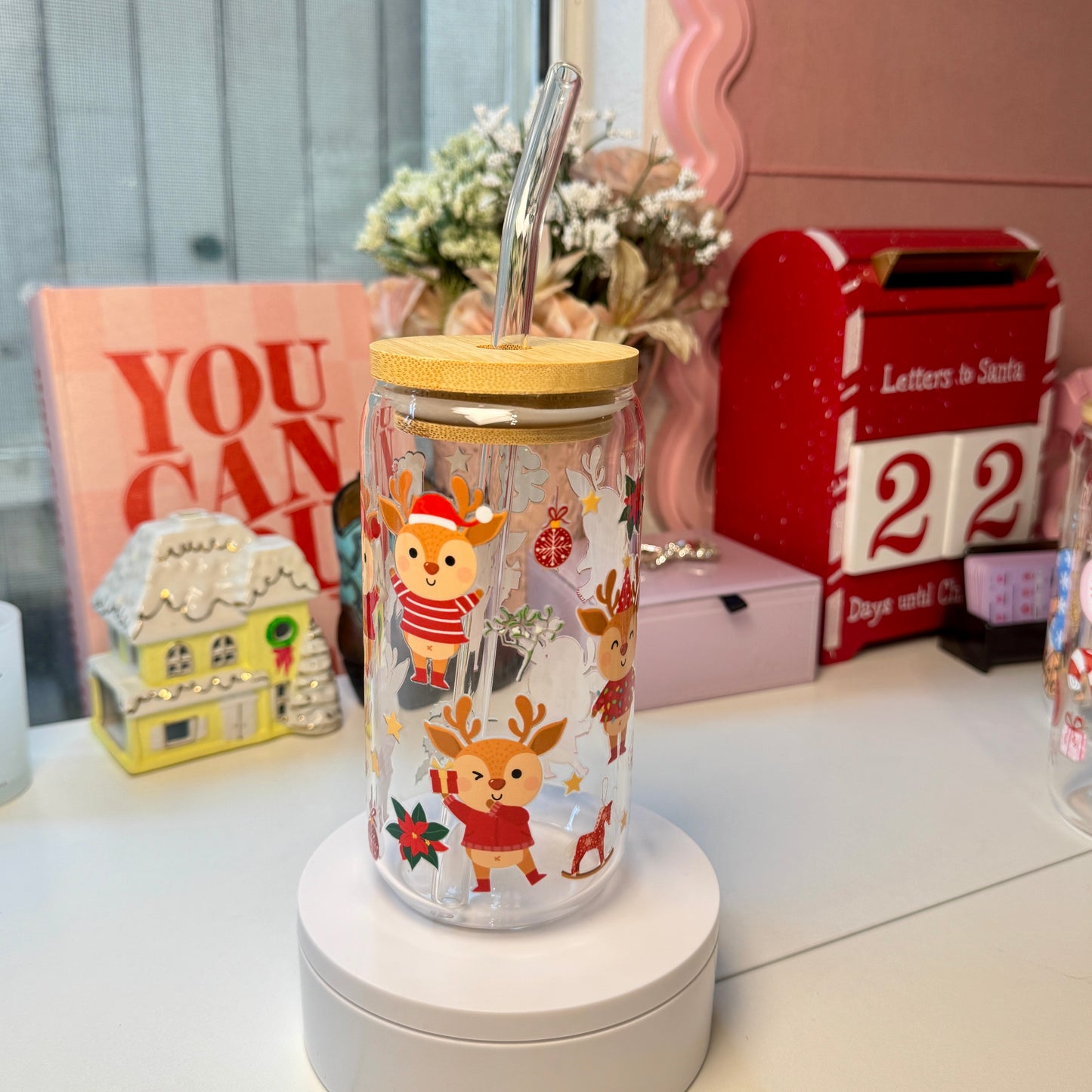 Reindeer Cheer Holiday Glass Cup