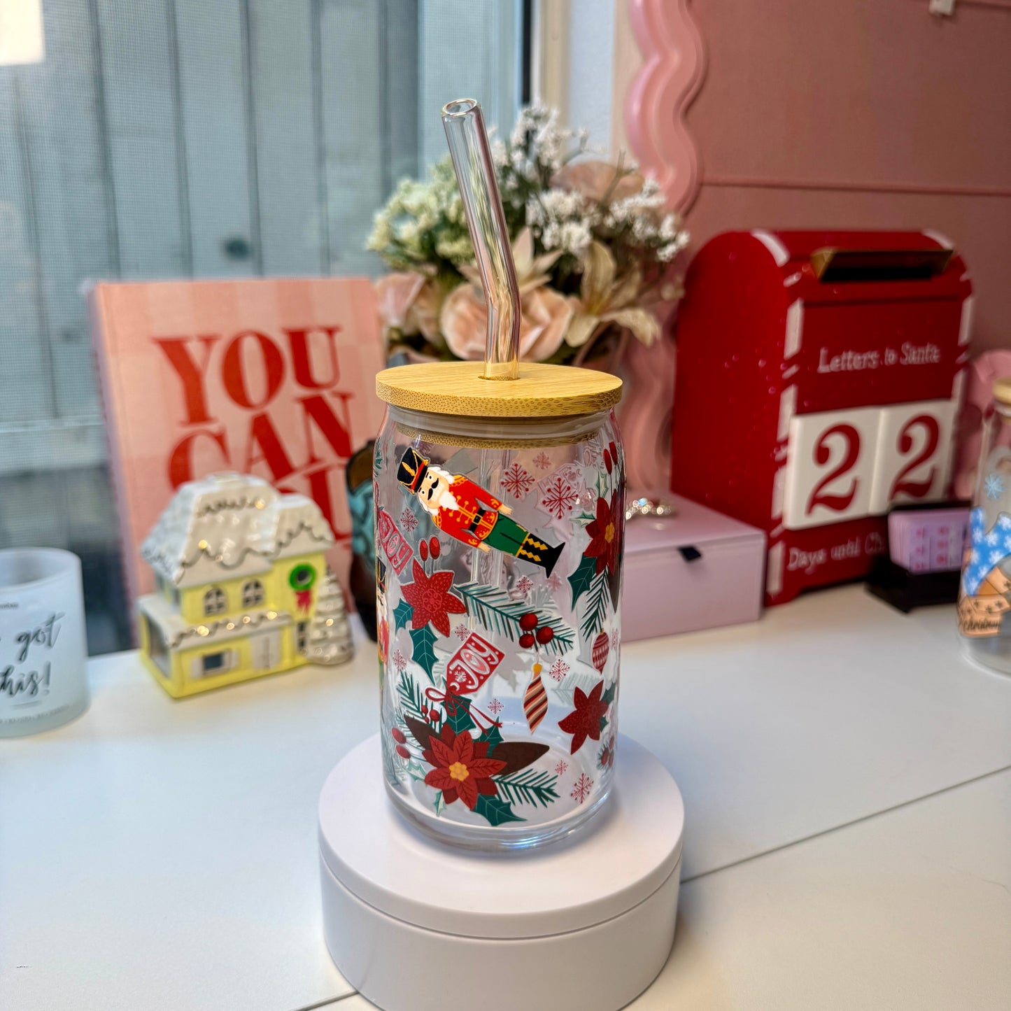 Poinsettia Nutcracker Joy Glass Cup