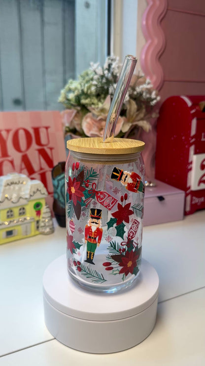 Poinsettia Nutcracker Joy Glass Cup